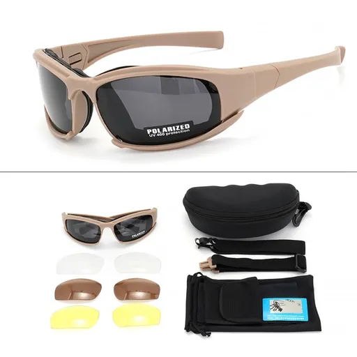 Khaki Tactical Protection Goggles with Storage Box and Elastic Straps (Polarized 4-Lens Set) - Windproof, Dustproof, UV Protection for Cycling, Tactical shooting and Outdoor Use