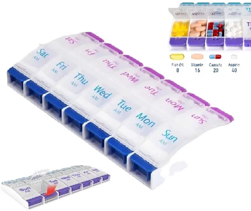 Pill Organizer 14 Compartments Daily Medication Management Compact Design Push Button 7 Days 2 Doses
