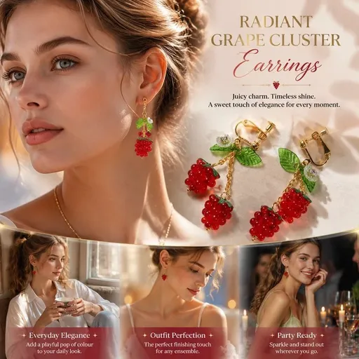 Pretty Clip On Fruit Dangles, Dual Clear Red Grapes Double Leaves Single Flower, Pair Set