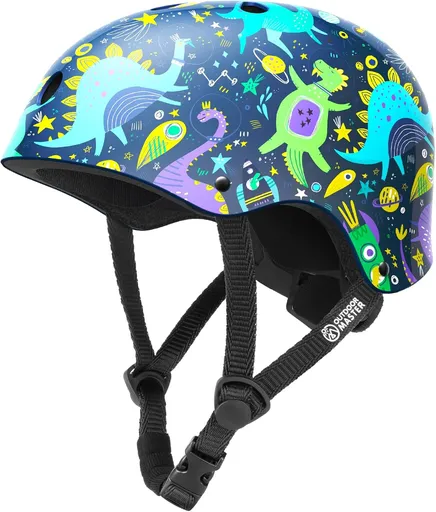 OutdoorMaster Youth & Kids Bike Helmet - Adjustable Multi-Sports Skateboard Helmet with Removable Liners for Balance Bike, Kids Scooter, One Wheel Hoverboard,Graffiti-style helmet-Dinoverse Madness-Small