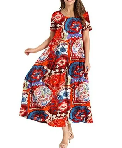 Women Floral Long Dress Short Sleeve Polyester Picture color 10 Size: L; Height (cm): 165-170; Weight (kg): 55-60; Bust (cm): 90-94; Waist (cm): 74-78; Shoulder width (cm): 39; Length (cm): 62