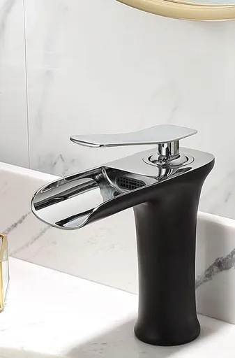 Basin Hot and Cold Water Faucet – Waterfall Spout, Antique Brushed Finish, Short Model, Vintage Bathroom Sink Mixer Tap - Black-Silver - Size 135mm