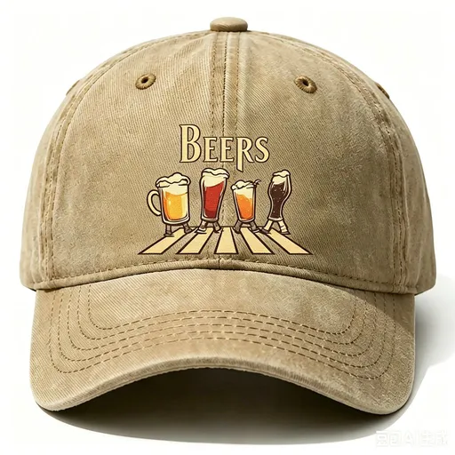 Washed Distressed Beer Print Baseball Cap - Vintage Cotton Adjustable Dad Hat for Men - Outdoor Sun Protection Casual Cap - Khaki