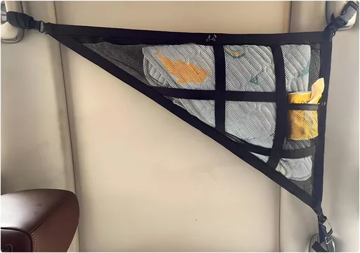 Car Ceiling Cargo Net, 35.4"×25.6" Triangle Double Layer Overhead Cargo Net with Adjustable Buckle, Large Capacity Roof Storage Mesh Organizer for Travel Road Trip Camping (Black)