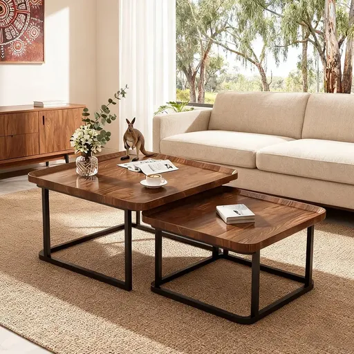 Set of 2 Nesting Coffee Tables in Walnut Wood & Black - Modern Industrial Design