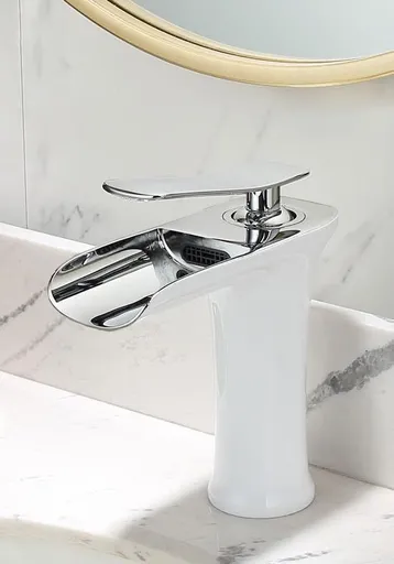 Basin Hot and Cold Water Faucet – Waterfall Spout, Antique Brushed Finish, Short Model, Vintage Bathroom Sink Mixer Tap - White-Silver - Size 135mm