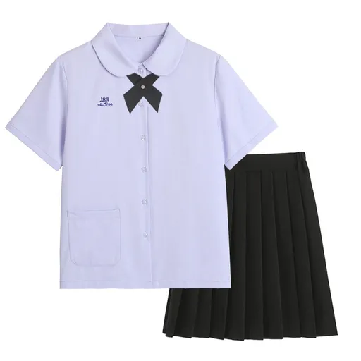 Thai School Uniform Shirt Cotton Blend Embroidery Badge Thai girls short sleeve shirt + wide black bow tie + black skirt XXL