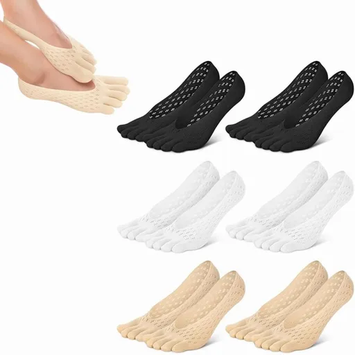 6 Pairs Orthopedic Compression Socks, No Show Five Toes, Breathable Split Toe Finger Cotton Socks with Non Slip Silicone（2 Black +2 Beige+ 2 White）