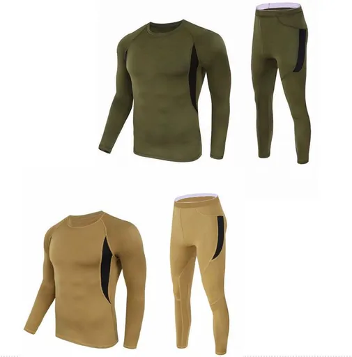 2-Pack XXL Size Men's Tactical 4-Way Stretch Fleece Lined Thermal Underwear Set(Khaki + Green) - Winter Sweat-Wicking & Breathable Sportswear for Training & Outdoors