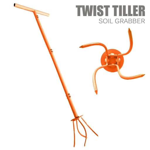 Manual Twist Tilling Soil Claw Garden Cultivator with T-Handle and Adjustable Long Pole for Yard Vegetable Plot Soil Loosening and Planting Preparation (Orange)