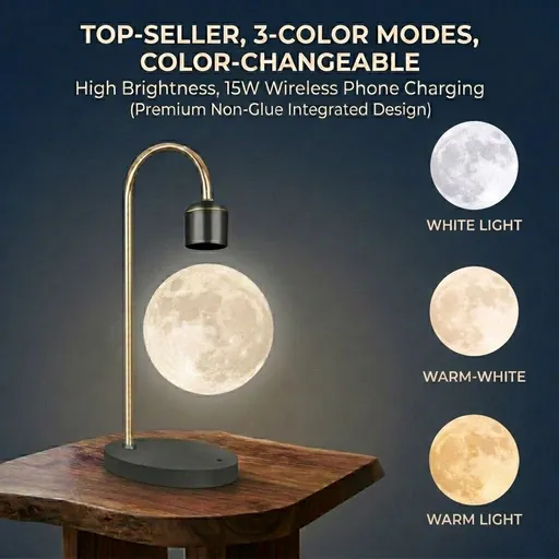 Levitating Moon Lamp with 15W Wireless Charger – 3D Printed Realistic Lunar Texture, 3 Color Modes, Magnetic Floating Globe Desk Light for Bedroom, Office, and Gift Giving (Gold, Top‑Seller, 3‑Color Modes, Color‑Changeable, High Brightness, 15W Wirel