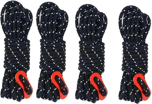 4Pack Duty Camping Rope - 4mm Outdoor Reflective Guy Lines with Tensioner Adjuster Strong Nylon Cord for Tent Tarp, Canopy Shelter, Camping, Hiking, Backpacking Black