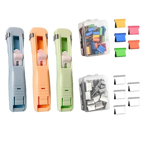 Reusable Push Clip Stapler, 3 Pcs Clam Clip Dispensers with 100 Metal Refill Clips（for Office Document School Supplies Home Snacks