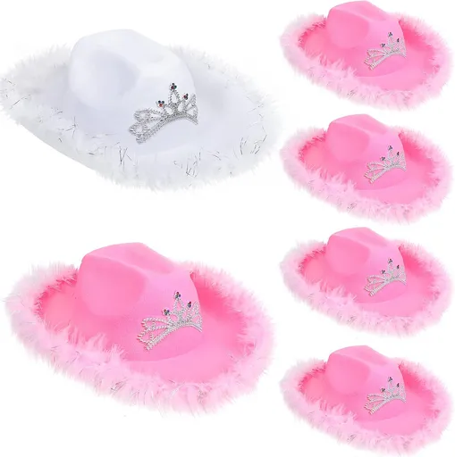 6 Pack Women Cowgirl Cowboy Hats with Feather Western Hat for Bachelorette Bridal Wedding Party Costume Dress up