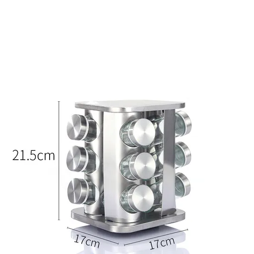 Modern stainless steel rounded corner rotating spice rack with 12 empty glass jars (88 ml each)