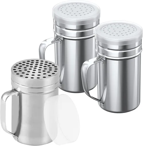 [1-pc] 14 oz Metal Parmesan Cheese Shaker (Large Holes) + [2-pcs] 14 oz Metal Salt Pepper Dredge Shakers - with Plastic Caps & Handles Bundle