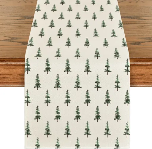 Beige Xmas Tree Christmas Table Runner, Seasonal Winter Kitchen Dining Table Decoration for Home Party Decor 13x48 Inch