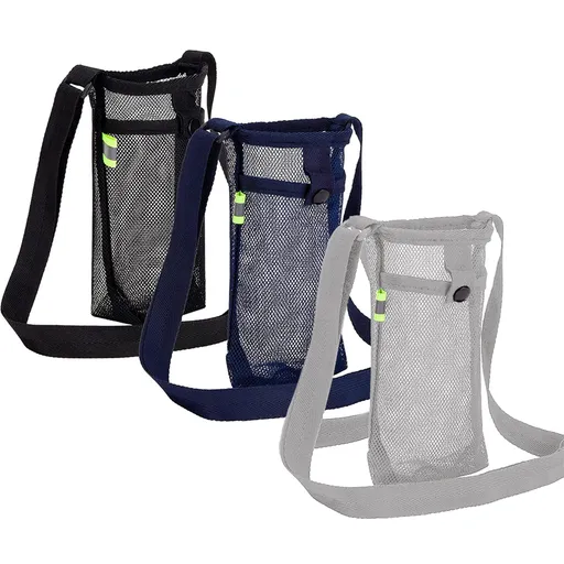 3Pcs Adjustable Strap Mesh Water Bottle Holder Outdoor Hiking Camping Carry Pouch Black Blue Grey