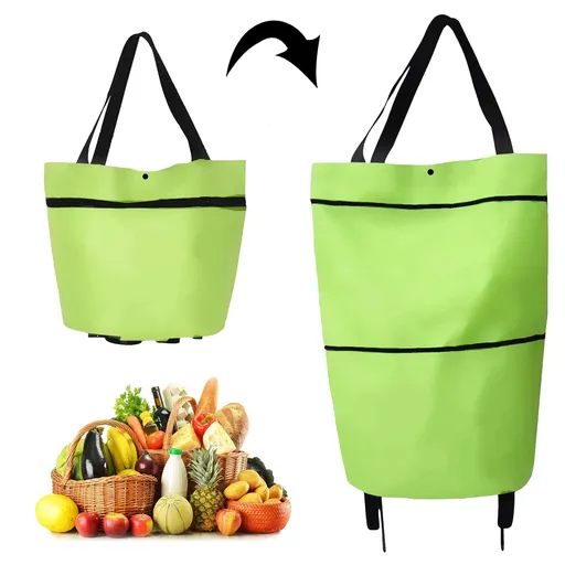 2 in 1 Foldable Shopping Cart, Collapsible Grocery Cart with Wheels Shopping Bag Telescopic Storage Bag for Traveling