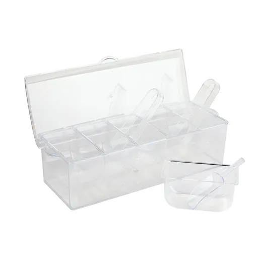 5 Compartment Ice Chilled Condiment Server with Hinged Lid | Removable Dishes (Over 2 Cups Each) | Plastic Storage Food Containers