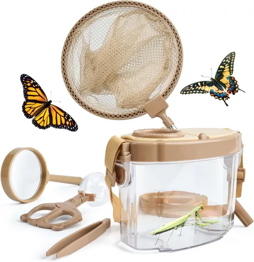 Kids Bug Catching Kit with Extendable Net, Magnifier & Observation Habitat – Outdoor Exploration Toy for Backyard & Camping (Brown)