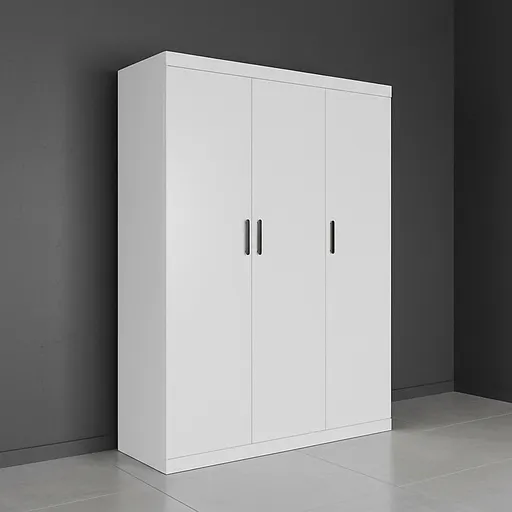 3 Door White Wardrobe – Black Handles, Hanging Rail & Shelves
