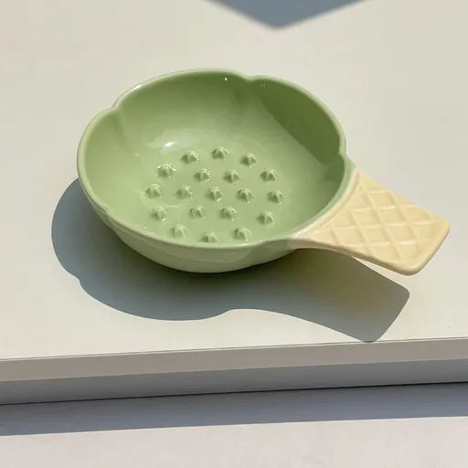 2 Pcs Green and Yellow Adorable Ice Cream Cone Ceramic Slow Feeder Pet Bowl - Fun Anti-Gulp Design for Cats & Dogs