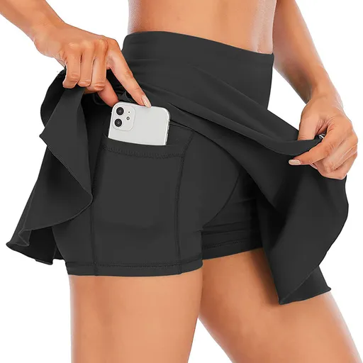 Women's Tennis Skirt with Pockets & Built-in Shorts – High-Waisted Golf Running Skort for Active Lifestyle, Sporty Fitness Wear (Black,M)