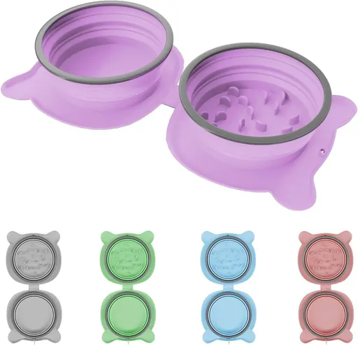 Collapsible Pet Bowl – Slow Feeder & Portable Water Bowl for Dogs and Cats (Purple) – Ideal for Travel, Walks, Pit Stops, and Camping(Purple)