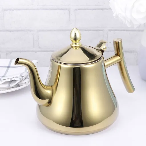 Stylish Golden Stainless Steel Teapot Glossy Surface Kitchen Tea Kettle