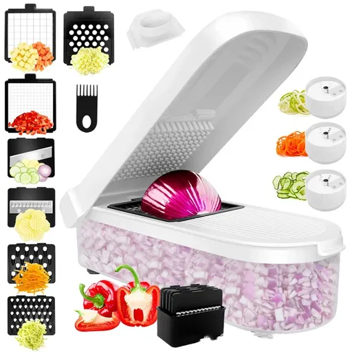 Vegetable and Fruit Chopper with Base, Stainless Steel Blades, Dishwasher Safe Veggie Slicer, Dicer, Cutter for Onions, Potatoes, and More - White Container Included