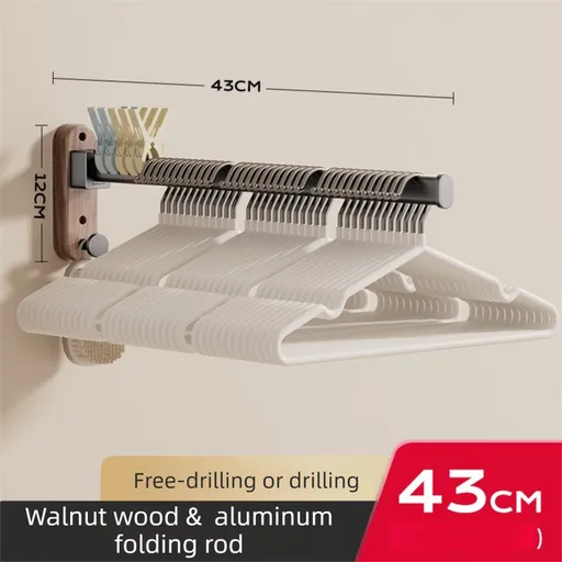 43CM Moisture Aluminum Folding Towel Rack Integrated Bottom Hook - 90° Folding Black Walnut Grain Wall-Mounted Drying Rod and Organize