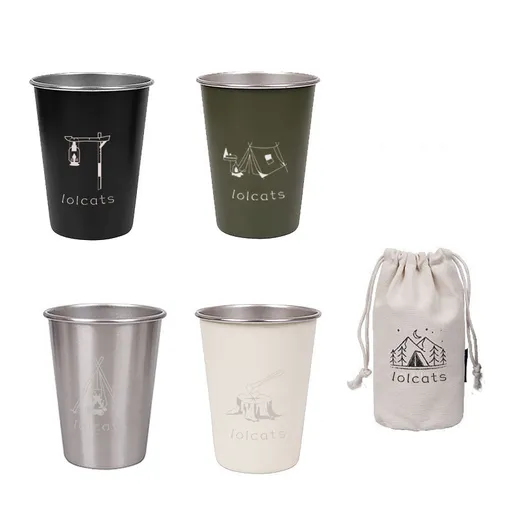 Color Mixing 304 Stainless Steel Camping Cup - 350ml Outdoor Drinkware(Set of 4 with Bag)