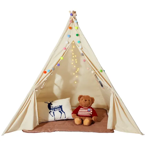 Kids Play Tent, Teepee Tent for Kids 1-5 Years Old, Toddler Tent with Mat and Plush Decorative Balls, Tent for Kids with Windows for Indoor and Outdoor, for Boys and Girls, Beige