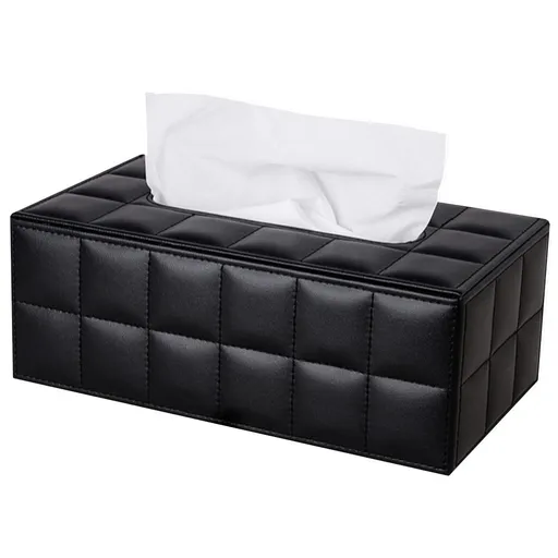 High-end Fashion PU Leather Tissue Box Holder Business Black, Rectangular Napkin Holder Drawer Paper Dispenser (Black Checkered)