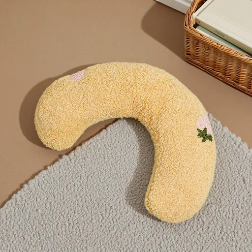 Yellow Pet U-Shaped Pillow - Soft Teddy Velvet Neck Support Cushion for Dogs and Cats, Deep Sleep Aid with Embroidered Design, Lightweight and Comfortable Pet Bed Accessory