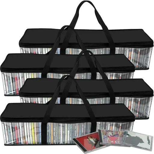 CD Storage Bags (4 Pack) Clear PVC Plastic Media Carrying Case with Zipper - Holds 400 CDs Total - Strong Handles