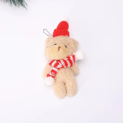 Christmas Brown Curly Bear Desktop Ornament Style B with Red & White Scarf, Festive Mini Statue for Home Xmas Arrangement and Corporate Holiday Giveaways