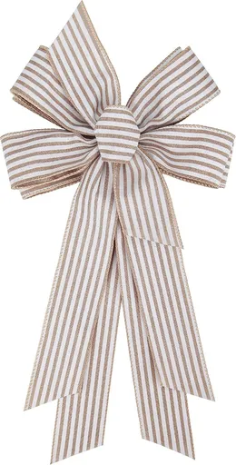 Large 24 x 10 Inch Natural Burlap White Rustic Ribbon Bow Farmhouse White Striped Wreath Bows for Christmas Door Wreath Home Decorations Tree Topper Party (White Striped) (PBCDBo23040022)