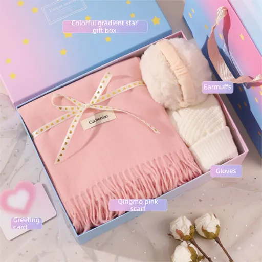 Pink and White Winter Scarf Gift Box Set for Women （Earmuffs, Gloves, and Scarf 3-Piece Set）- Soft Warm Scarf with Luxury Gift Packaging Birthday Present for Girlfriend Wife Daughter