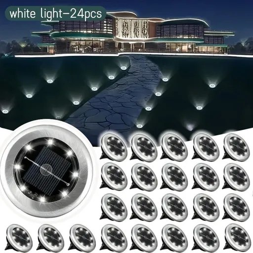 solar ground disk lights, outdoor lighting Australia, 8 LED lights, stainless steel solar lights, path lighting, garden driveway lights, courtyard lawn lighting, solar powered ground lights, energy efficient garden lights, automatic dusk to dawn ligh