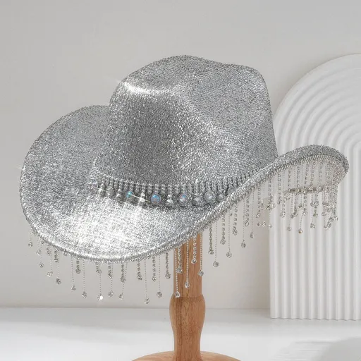 Silver Rhinestone Fringe Cowboy Hat - Sparkling Western Party Hat with Round Gemstone Band and Crystal Tassel Fringe for Festivals, Carnival, Dance and Stage Performance