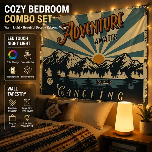 2-piece Bedroom Atmosphere Bundle – White RGB Rechargeable LED Night Light + Vintage Camping Style Wall Printed with ADVENTURE AWAITS Tapestry Home Decor Set (Mood Lighting & Wall Background Combo)