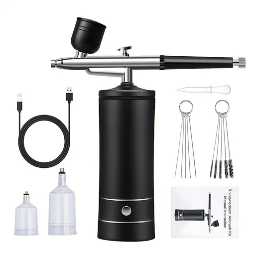 USB Rechargeable Airbrush Kit: Portable, Versatile, And Safe Compressor for Crafts, Tattoos, Cake Decorating & More with Cleaning Kit Lower waist 2-speed black pump + airbrush + 2 pots + brush