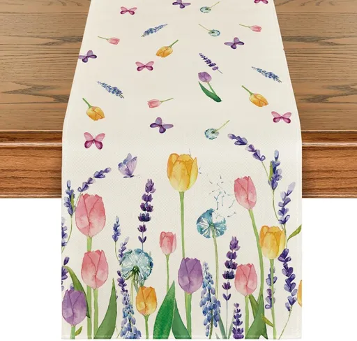 Lavender Tulip Summer Table Runner, Spring Seasonal Anniversary Holiday Kitchen Dining Table Decoration for Indoor Outdoor Home Party Decor 13 x 72 Inch