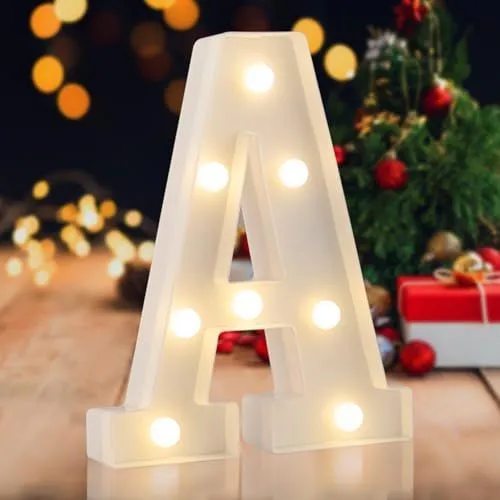 Sign letter A, warm white, 26 letters, 10 numbers, heart and & symbol; for birthday, party, Christmas, home, bar, wedding decoration; DIY word combinations; wall & tabletop display; battery operated.