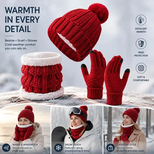 Heartfelt Snow Trip Companion Thick Knitted Hat 3 Pack Bright Red, Multi-Scene Ski Outdoor Matching Wear