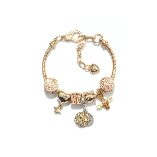 Golden Heart & Bee Charm Bracelet with Rhinestones, Hollow Flower & Gift Box Beads(19cm)