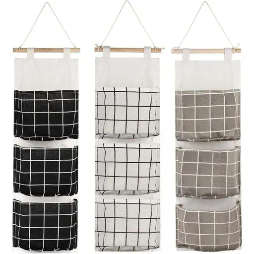 3 Pcs Hanging Storage Bag with 3 Pockets, Fabric Wall Shelf Basket Storage Pouch Organizer for Bedroom Bathroom Kitchen, Waterproof and Stylish