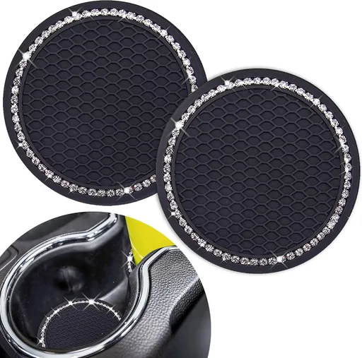 Nice car coasters 2 pieces Universal car cup holder inserts Coasters 2-75 inch Silicone non-slip sparkling crystal diamond Car accessories for women and ladies (black background with white diamonds)